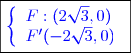 \boxed{\textcolor{blue}{\left\lbrace\begin{array}l F:(2\sqrt{3},0) \\ F'(-2\sqrt{3},0) \end{array}}}}